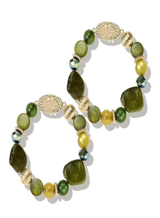 Xalroco Chunky Natural Shell Stone Beaded Stretch Bracelet Stack for Women, Classy Boho Jewelry Gift (olive green) - Image 1